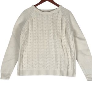 Lands End Drifter White Cable Knit Sweater Womens XLP Fisherman Nautical Classic